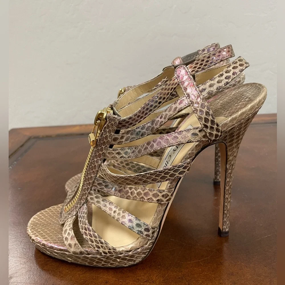 JIMMY CHOO 'Glenys' Platform Iridescent Snakeskin Cage‎ Sandals Size 39 $1295